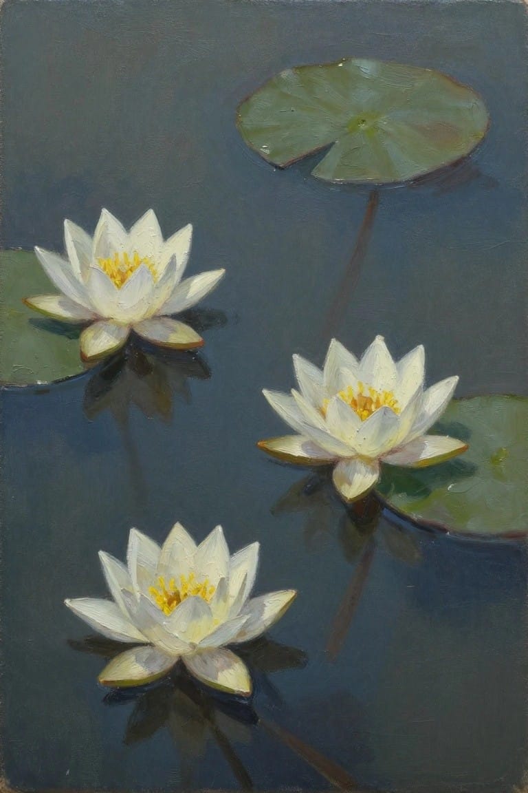 Three white water lilies with yellow centers float on dark water with green pads.