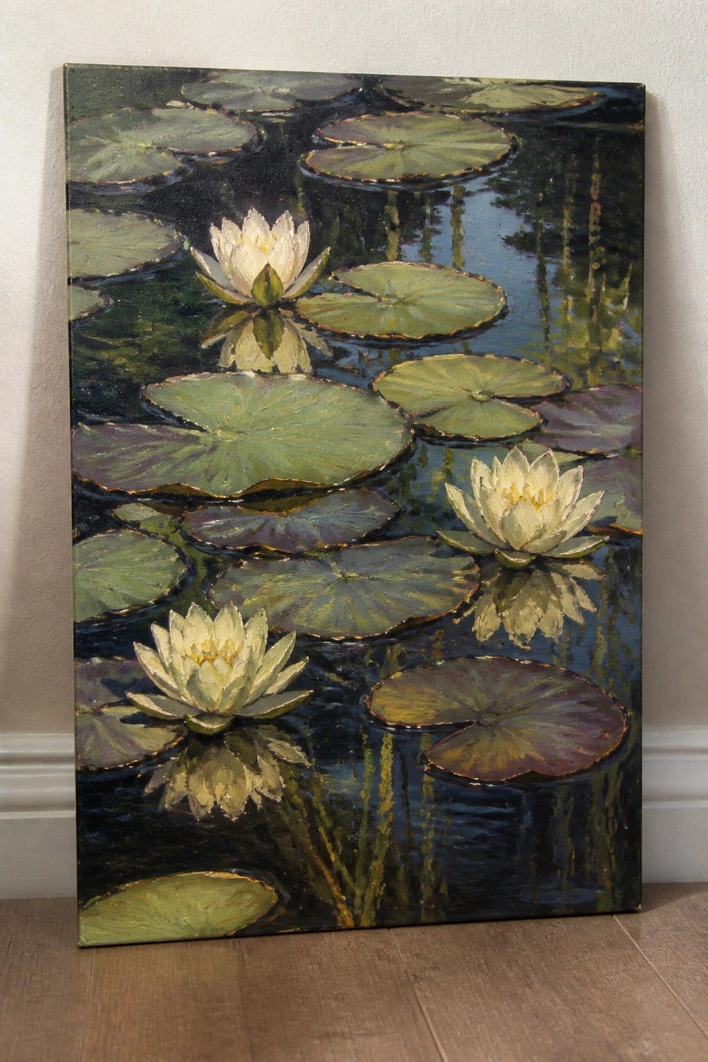 White water lilies amid green pads on dark reflective pond, oil painting.