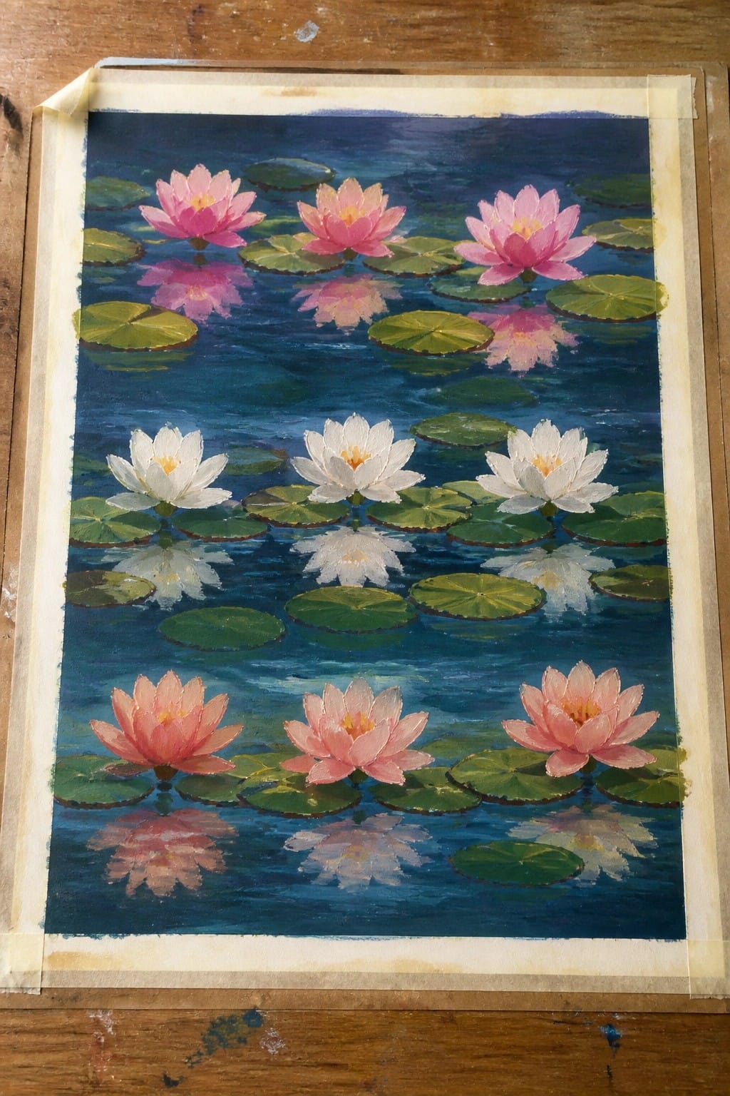 Pink and white water lilies with reflections on blue pond amid green lily pads