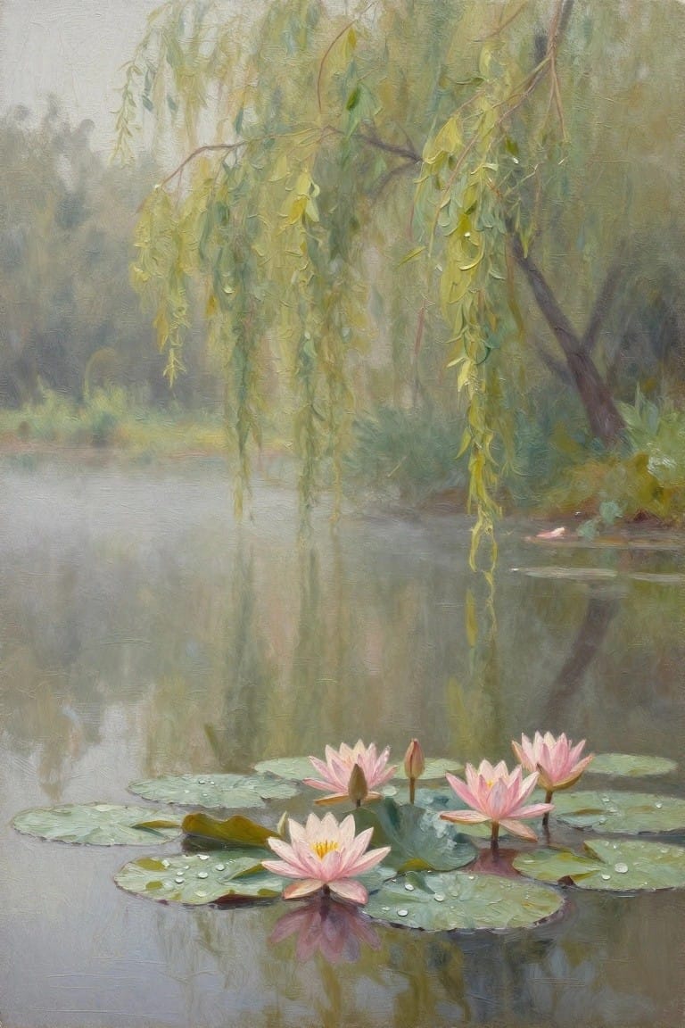 Pink water lilies on pads with dew under weeping willow in misty pond