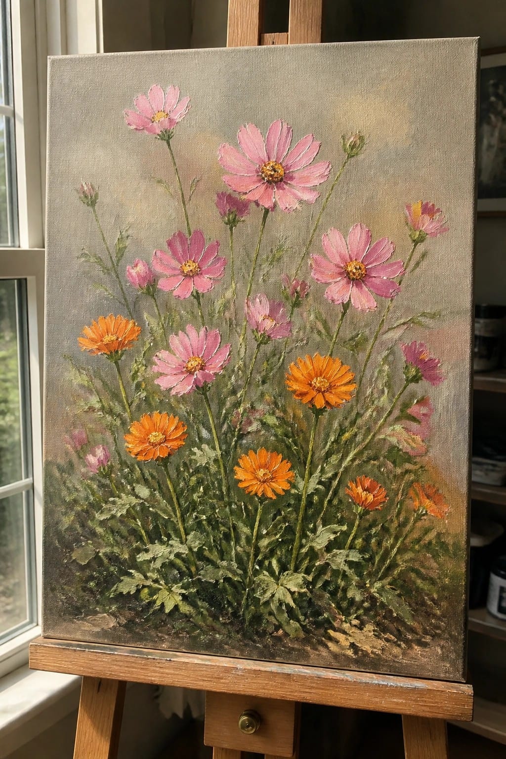 Vibrant oil painting of pink and orange flowers on wooden easel in studio