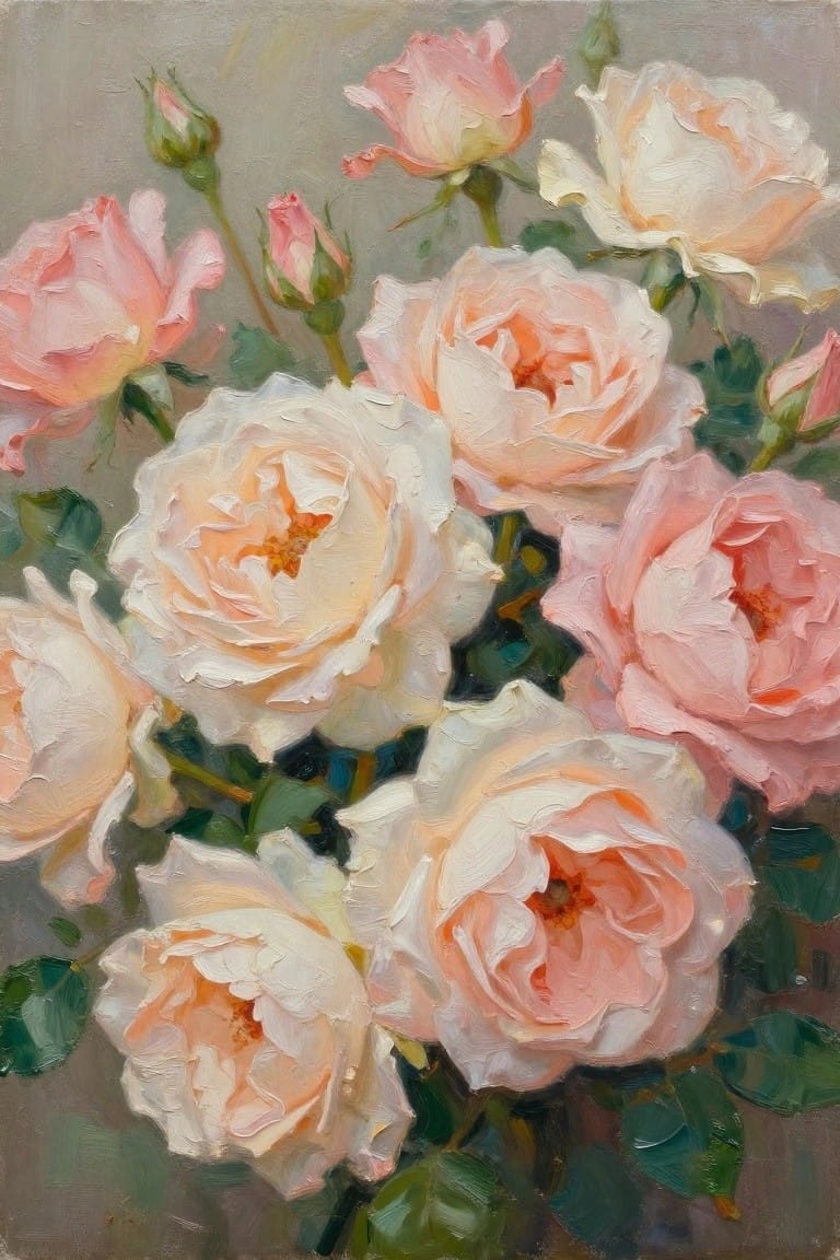 Oil painting of blooming pink and white roses with green leaves and buds.