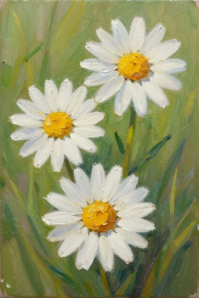 Three white daisies with yellow centers amid green grass, oil painting style