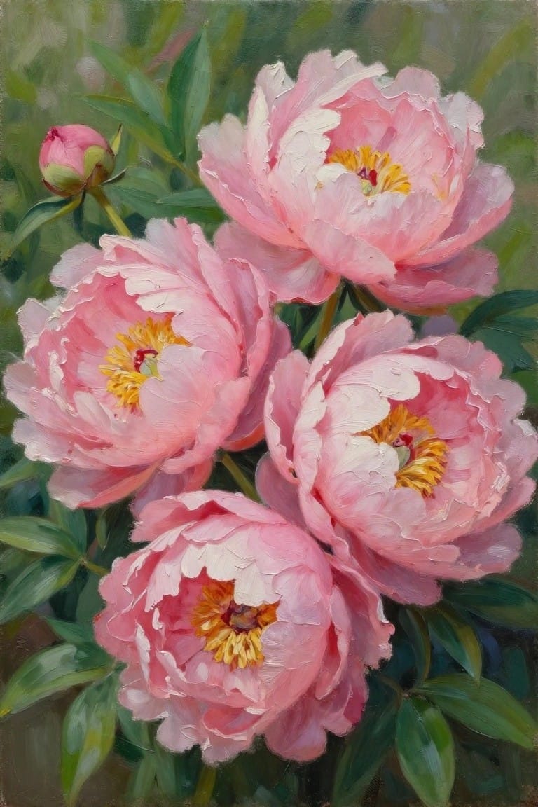 Pink peonies blooming with yellow centers among green leaves in oil painting.