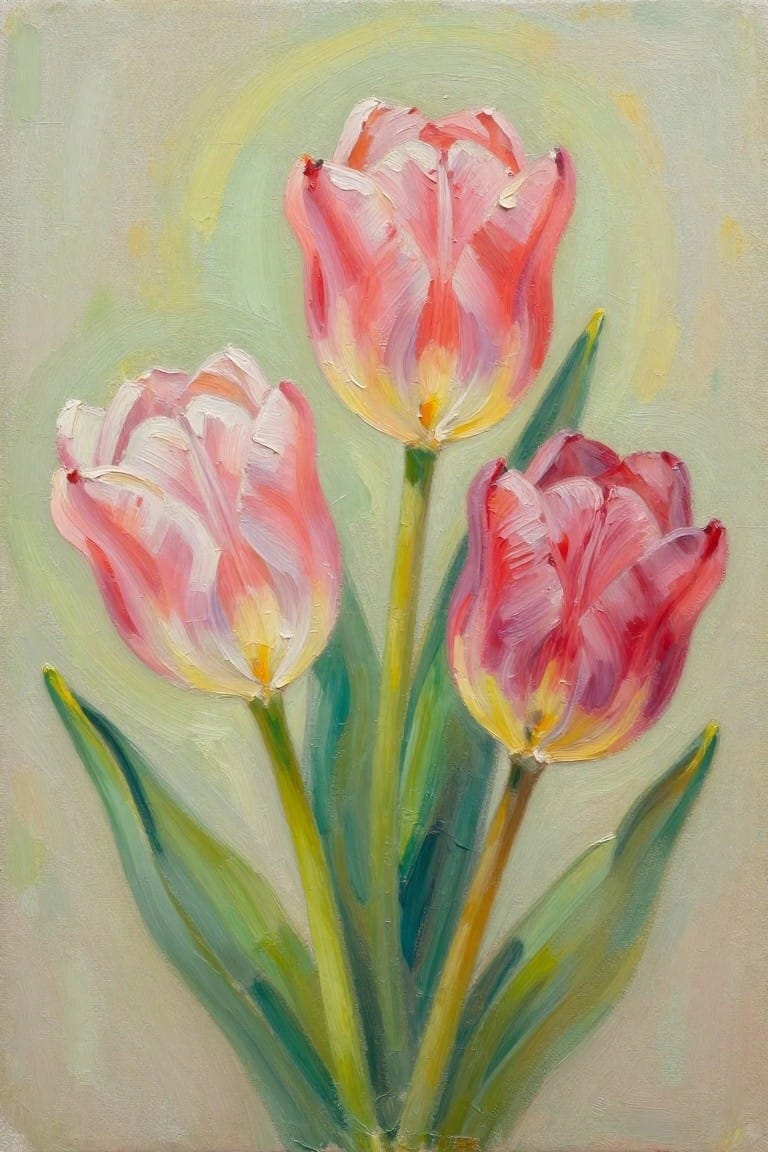 Three pink tulips with yellow centers and green leaves in oil painting style