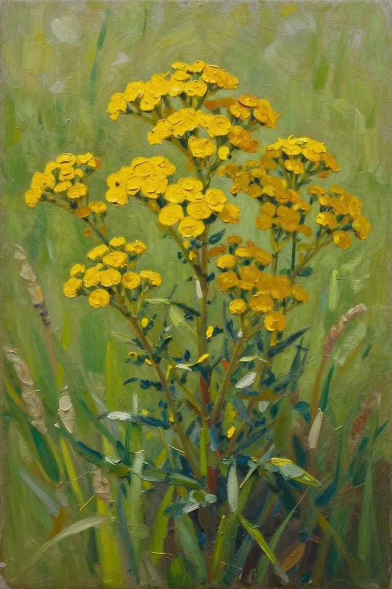 Vibrant yellow wildflowers blooming on green stems in a grassy field painting.