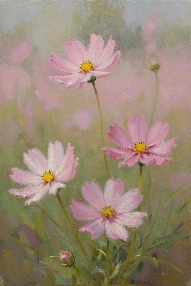 Pink cosmos flowers with yellow centers on green stems in soft impressionistic style.