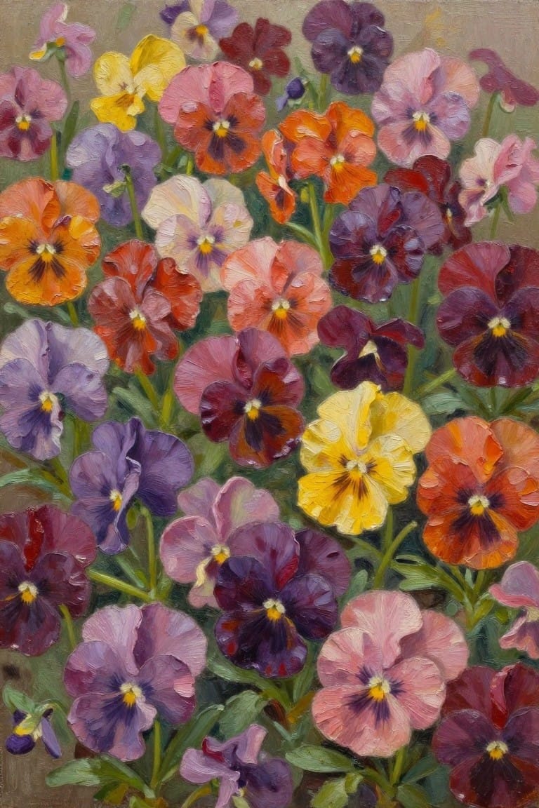 An oil painting filled with many overlapping pansies in yellow, orange, purple, pink, and red with green leaves visible throughout.