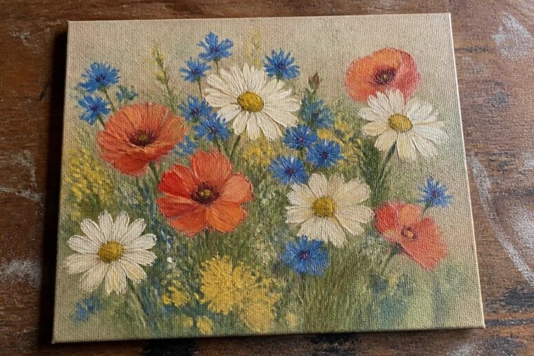 An oil painting of red poppies, white daisies, blue cornflowers, and yellow flowers on a green background.