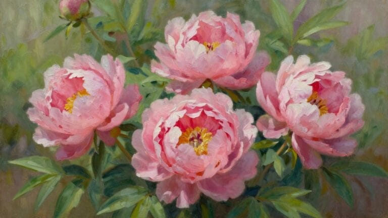 18 Simple Flower Garden Oil Painting Ideas Without Complex Landscape Elements Pink peonies blooming with yellow centers among green leaves in oil painting.