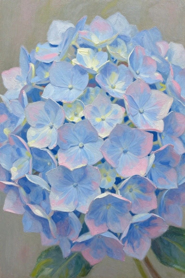 Blue and pink hydrangea flowers in thickly brushed oil painting style.