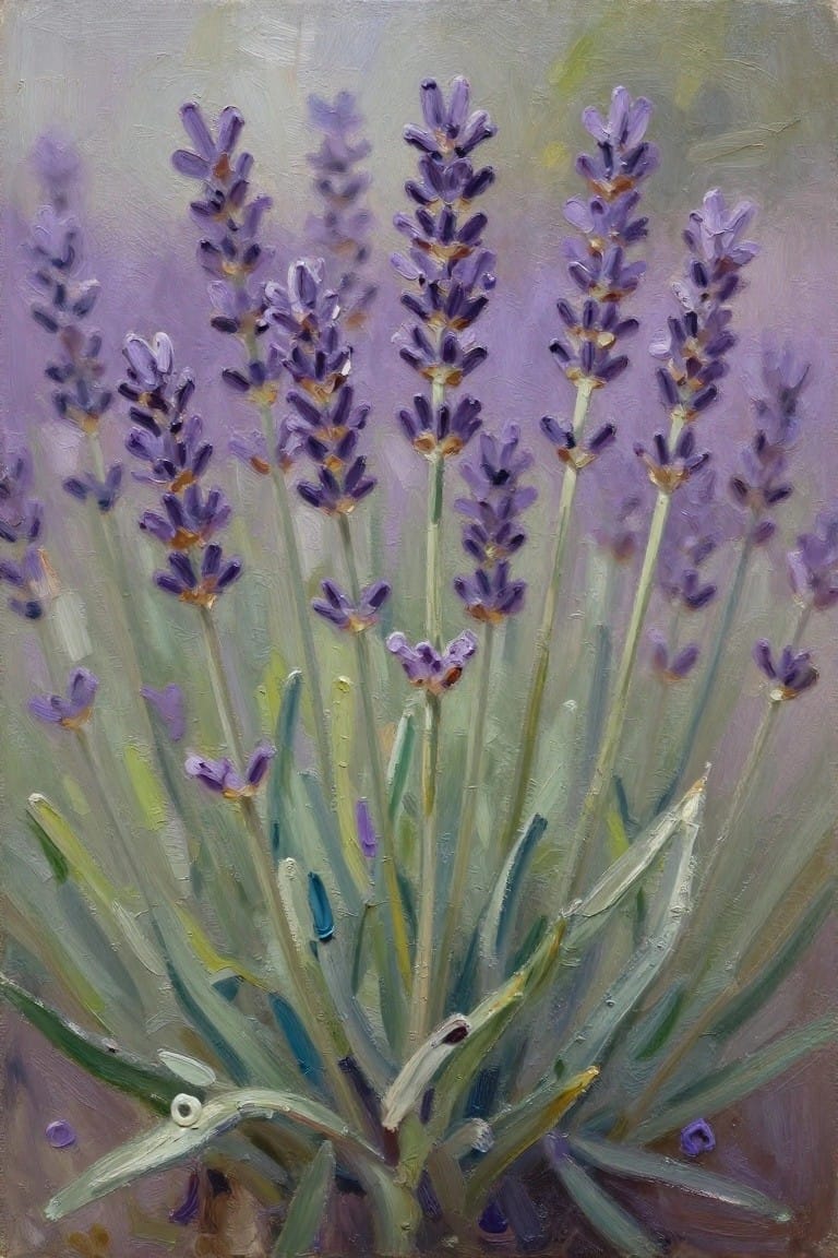 Purple lavender flowers on tall stems with green leaves in soft light.
