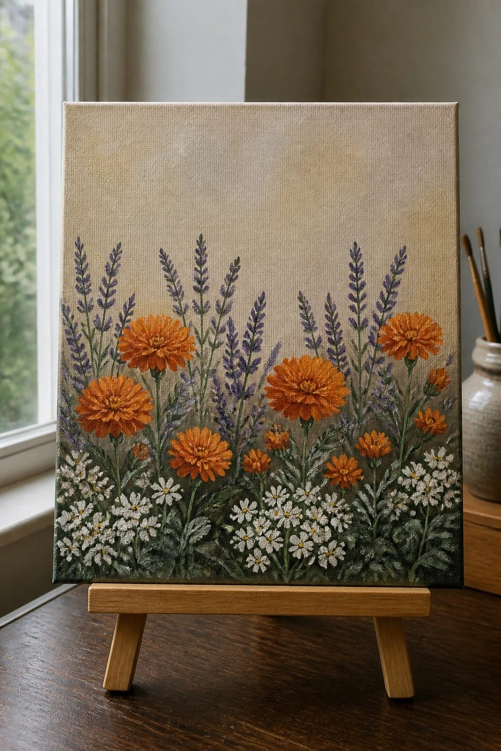 Painting of orange marigolds, purple lavender, and white daisies on wooden easel