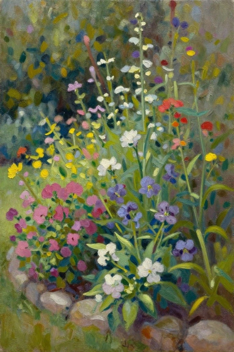 Impressionistic painting of colorful wildflowers blooming amid rocks and green foliage.