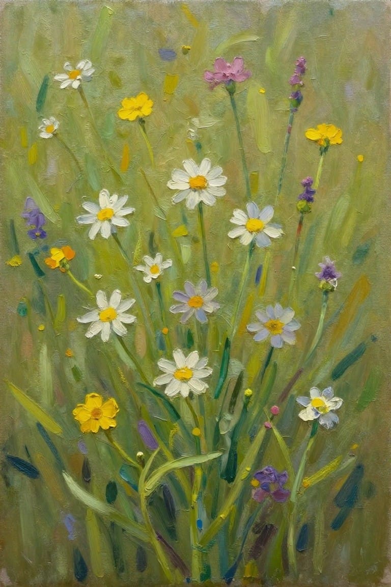 Impressionistic painting of white daisies, yellow and purple wildflowers in green meadow