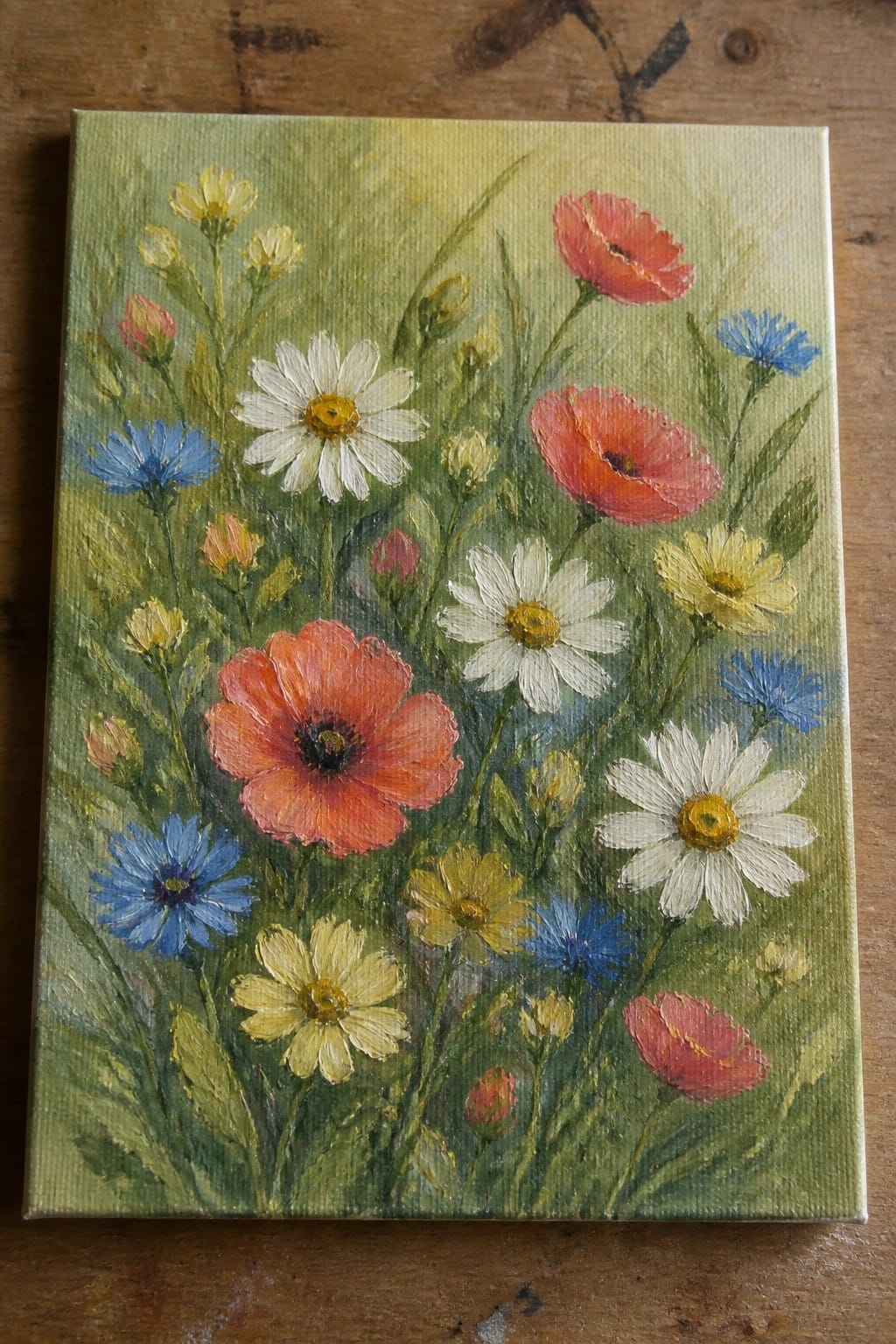 An oil painting of red poppies, white daisies, blue cornflowers, and yellow flowers on a green background.