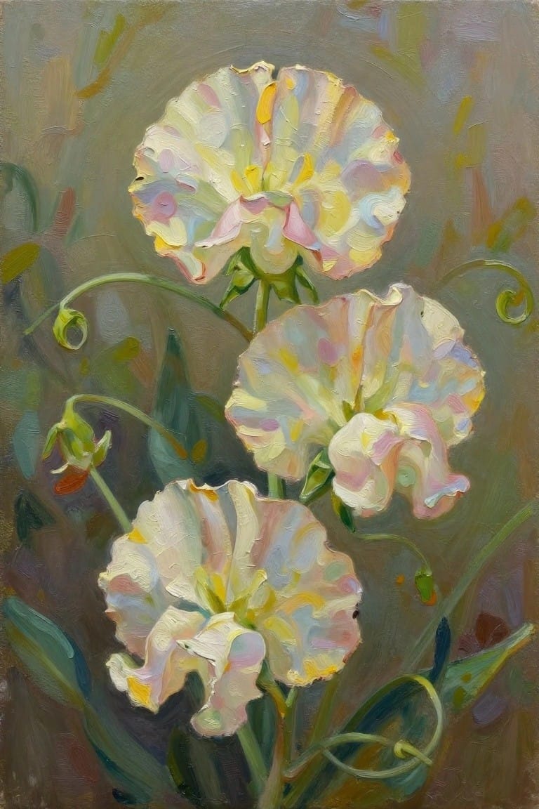 Pastel sweet pea flowers in oil painting with green stems and tendrils