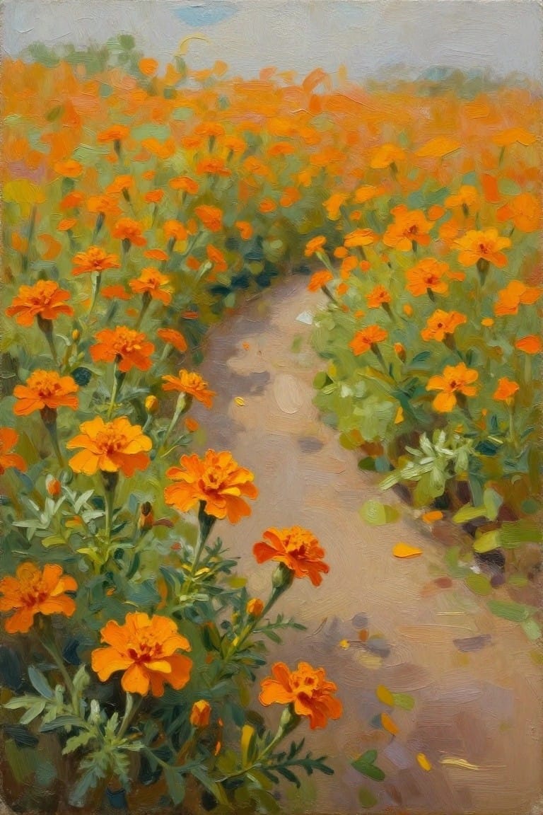 Vibrant orange marigolds border a winding dirt path in an oil painting