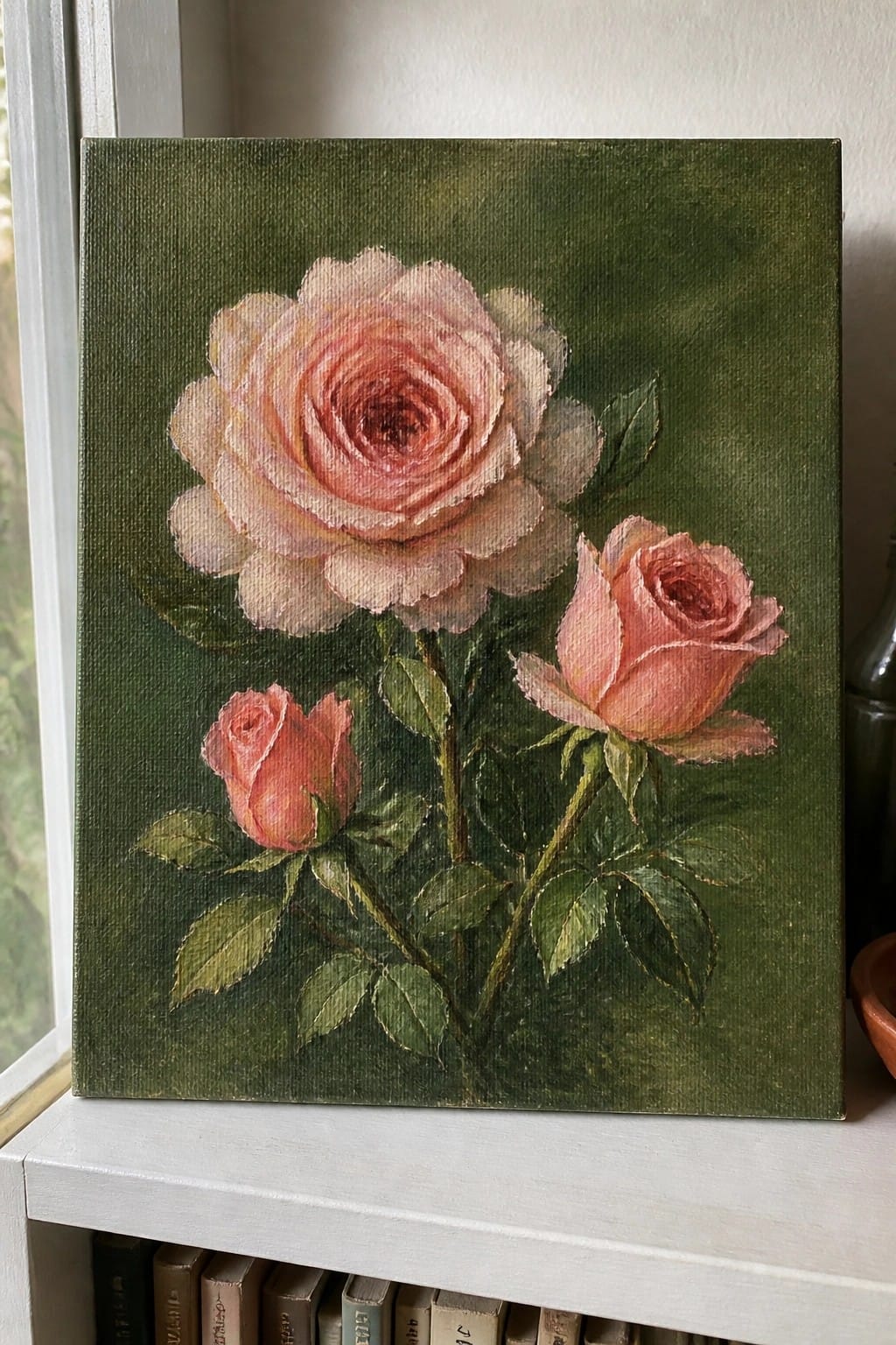 Painting of three pink roses on dark green background atop white shelf with books