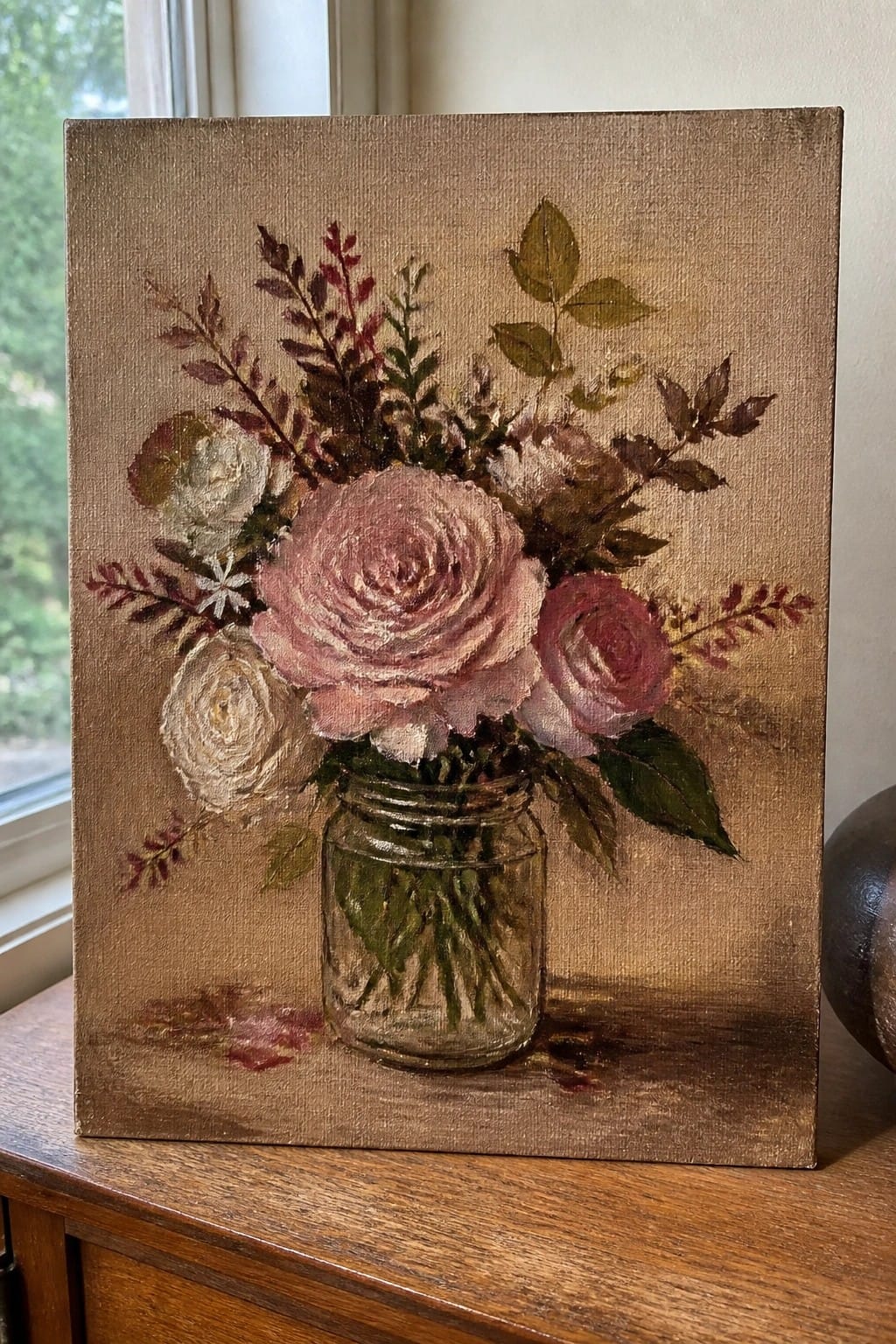 Textured painting of pink and white roses in a glass mason jar on wood