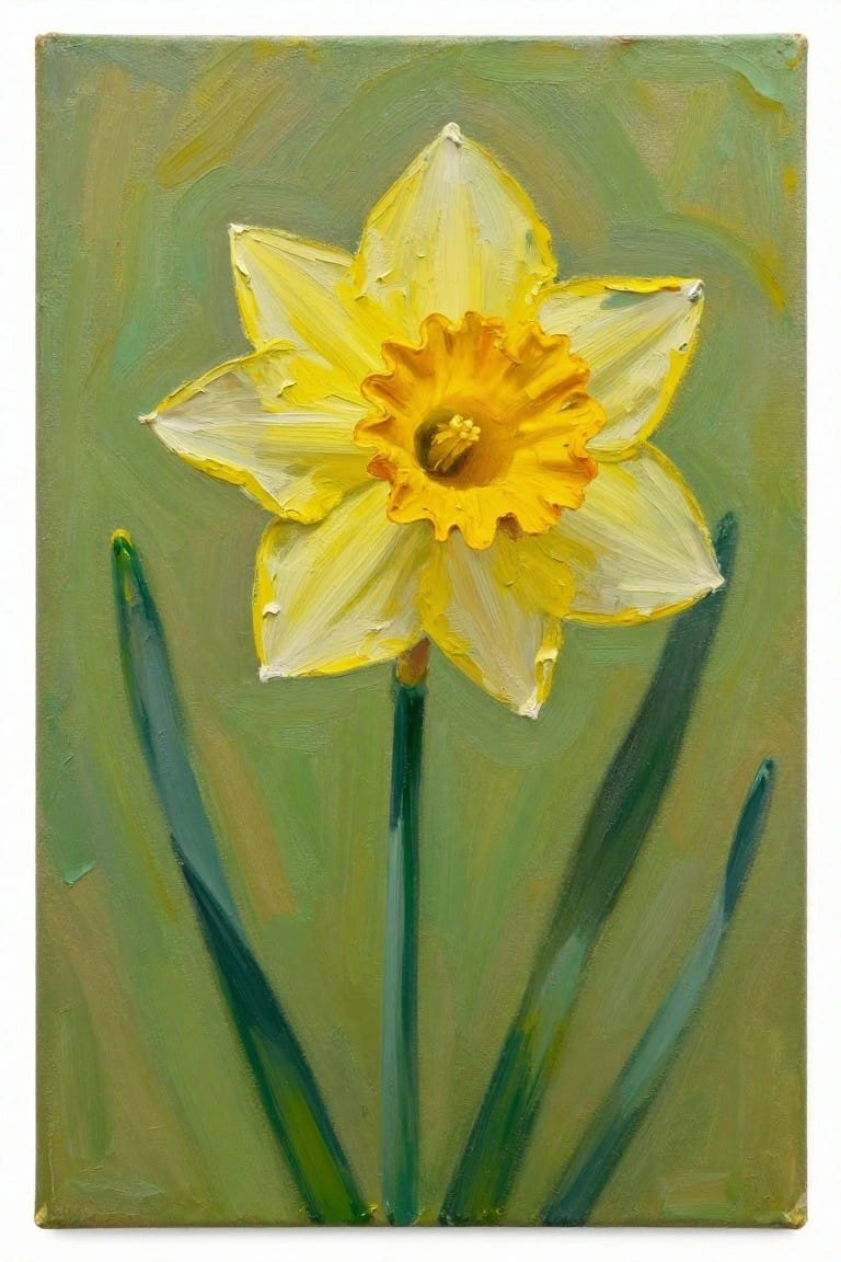 Yellow daffodil with white petals and orange center on green stem against green background