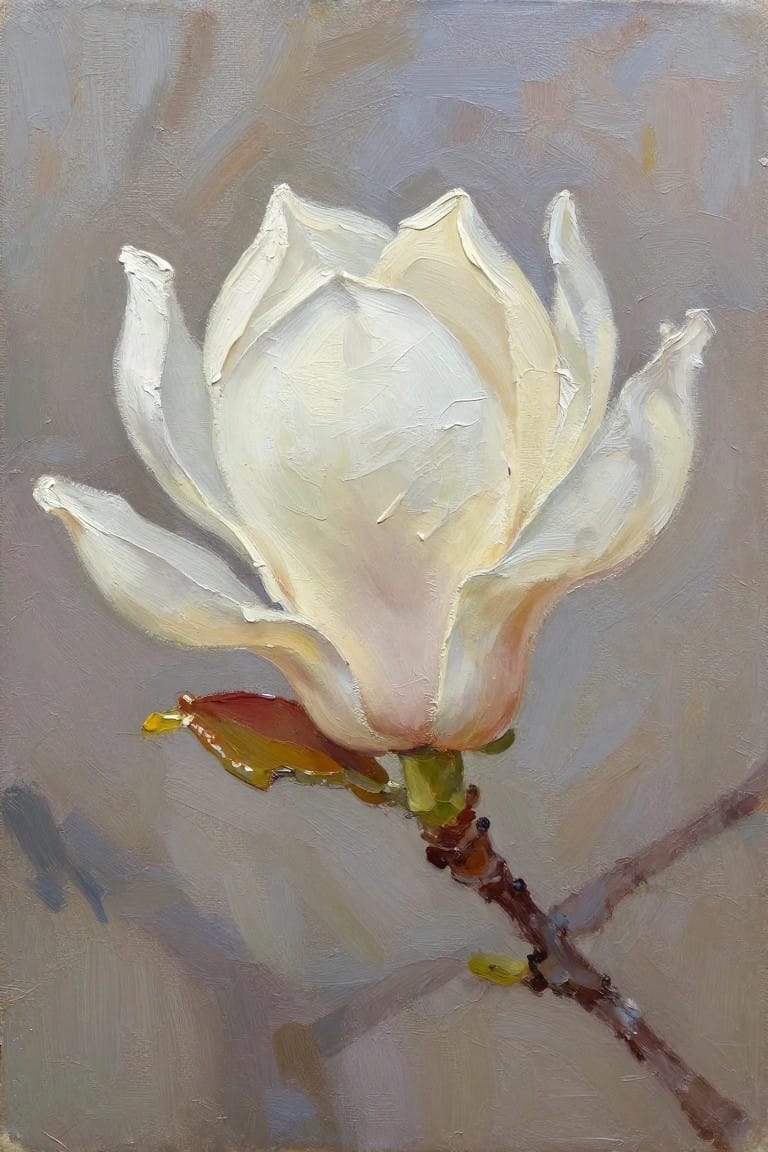 White magnolia blossom with pink tones on brown branch, muted gray background