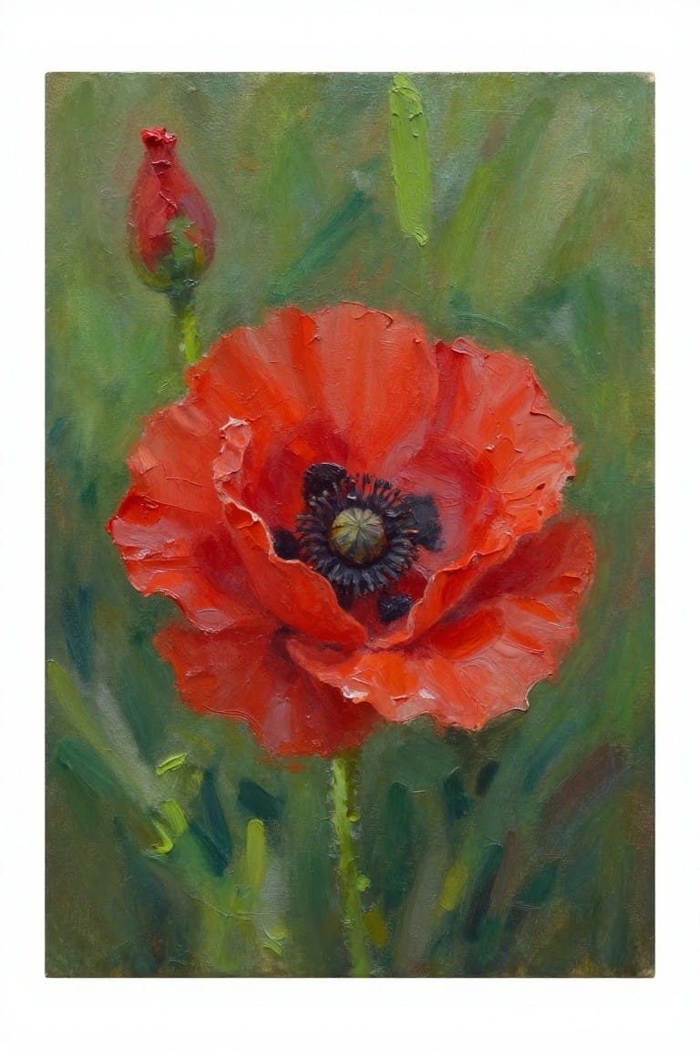 An oil painting of a large red poppy flower with a smaller bud on a green background.
