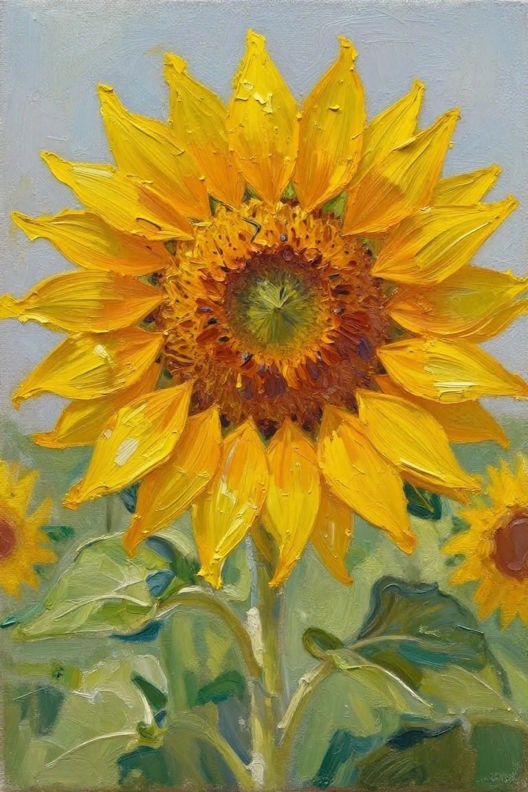 An oil painting of a large yellow sunflower with green leaves against a light blue background.