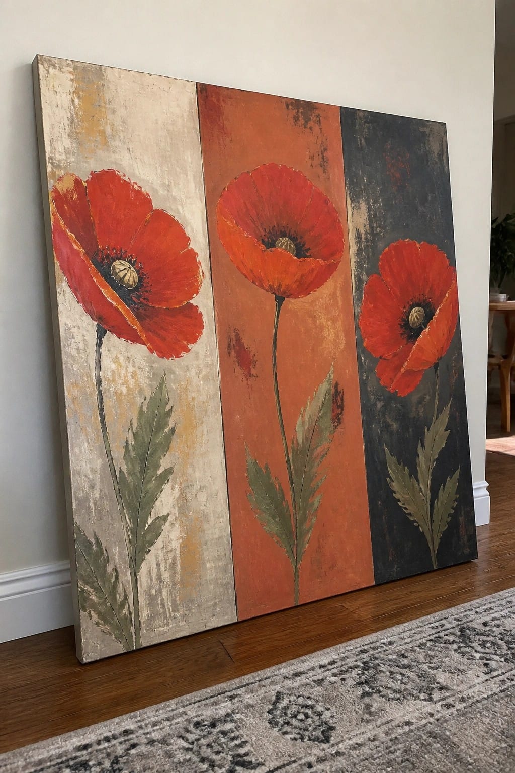 Triptych painting of three red poppies on textured beige, orange, and dark panels