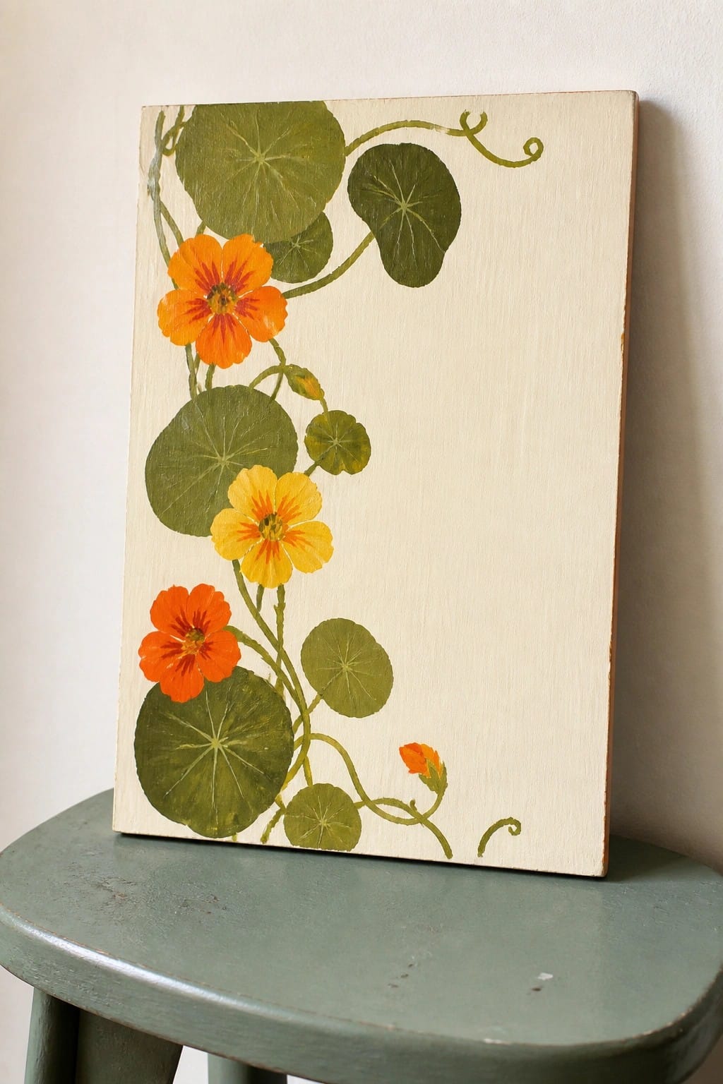 Orange and yellow nasturtium flowers with green leaves painted on board on stool