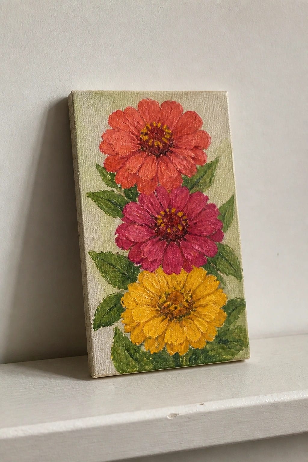 Small canvas painting of red, pink, and yellow flowers with green leaves on shelf