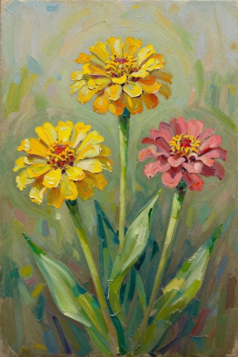 Impressionist painting of two yellow and one pink zinnia flowers with leaves