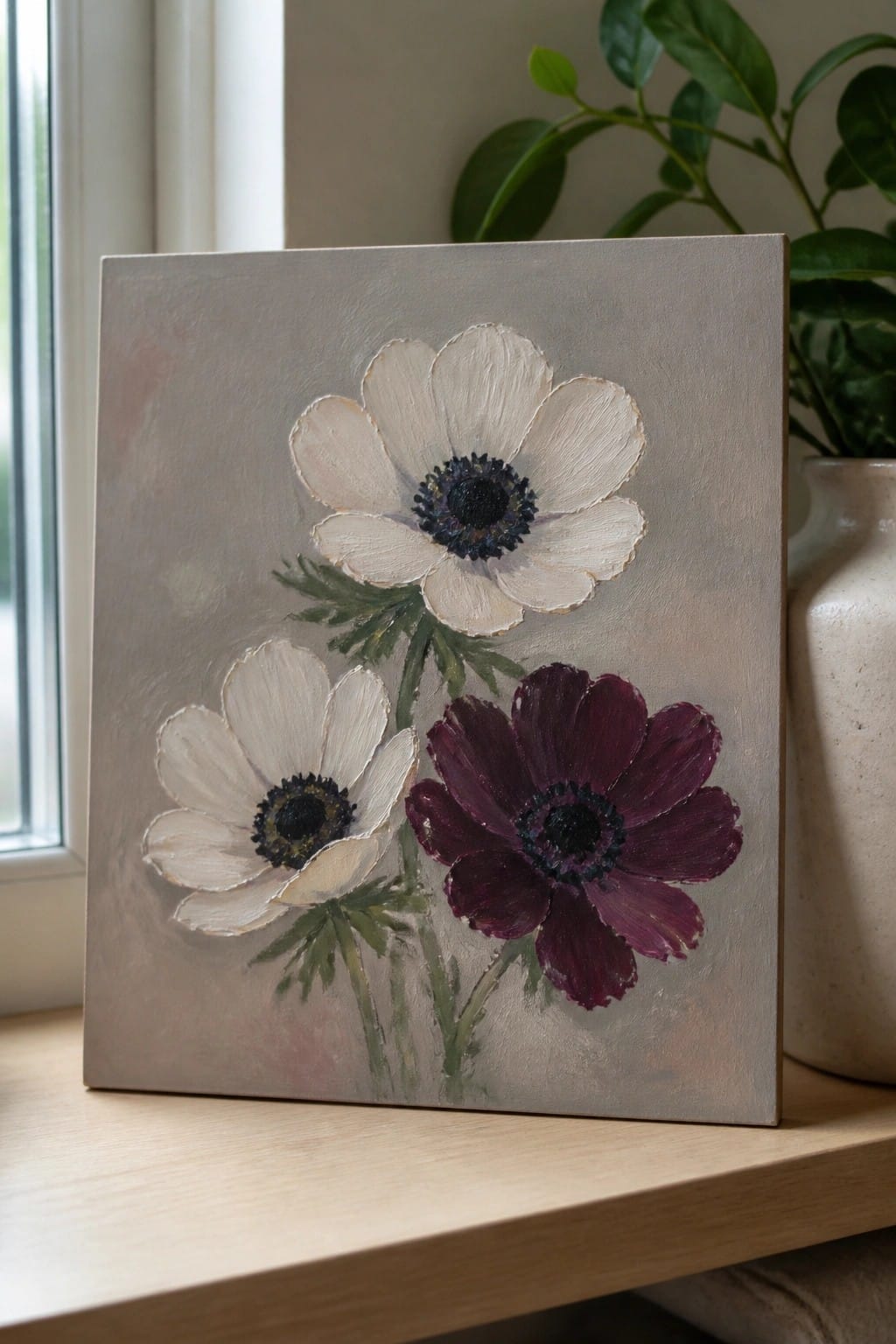 Painting of three anemones, two white and one purple, on gray canvas.