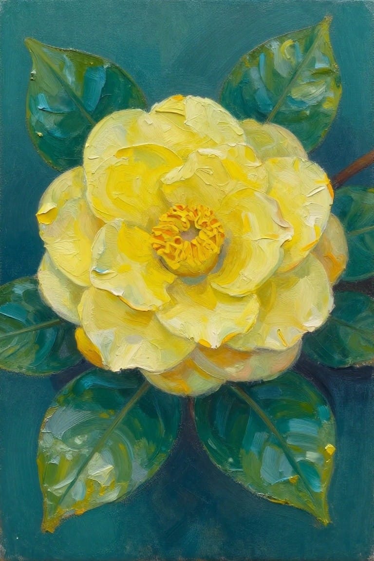 Thickly textured yellow camellia with ruffled petals amid green leaves on teal background