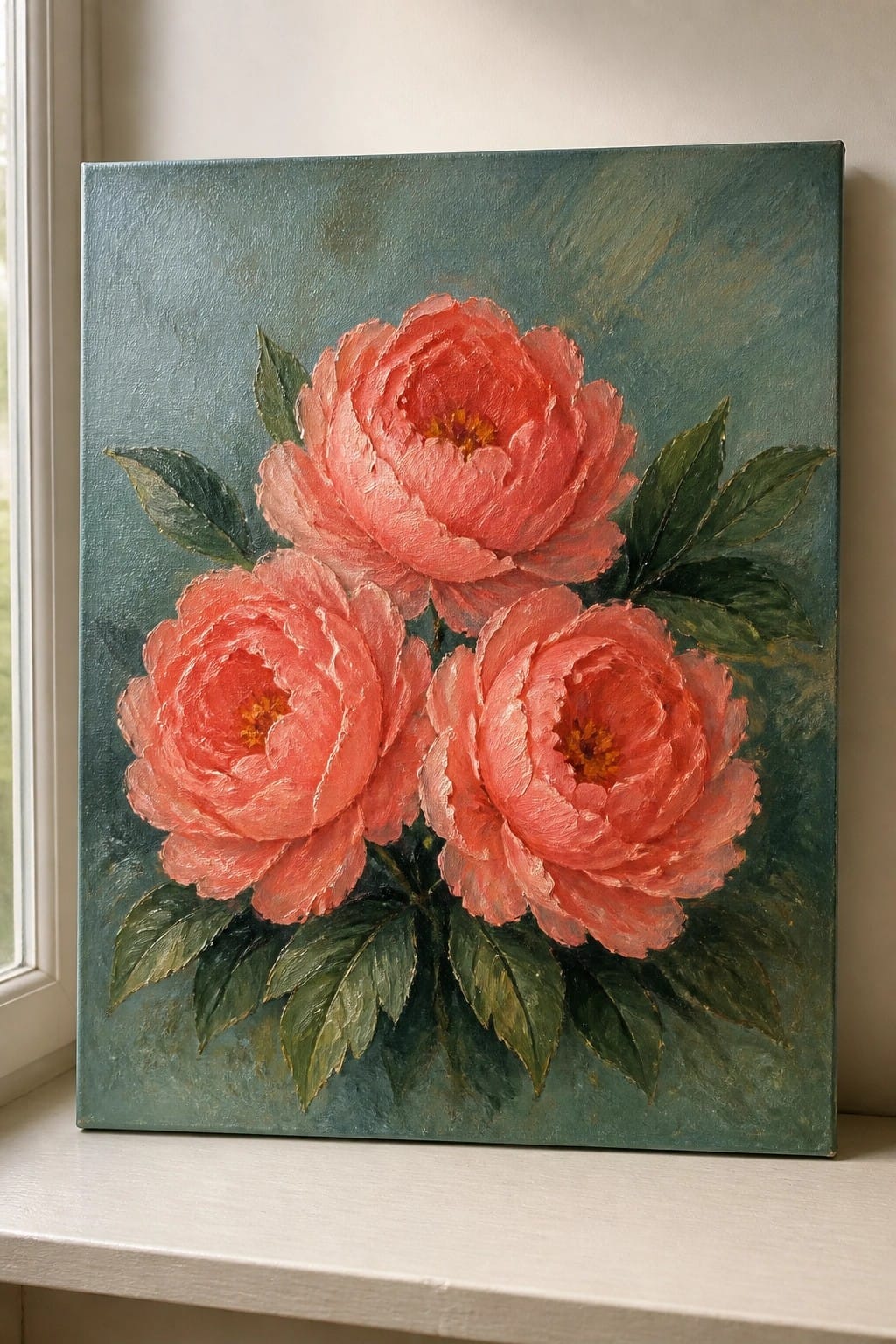 Three coral peonies with green leaves on a teal canvas painting.