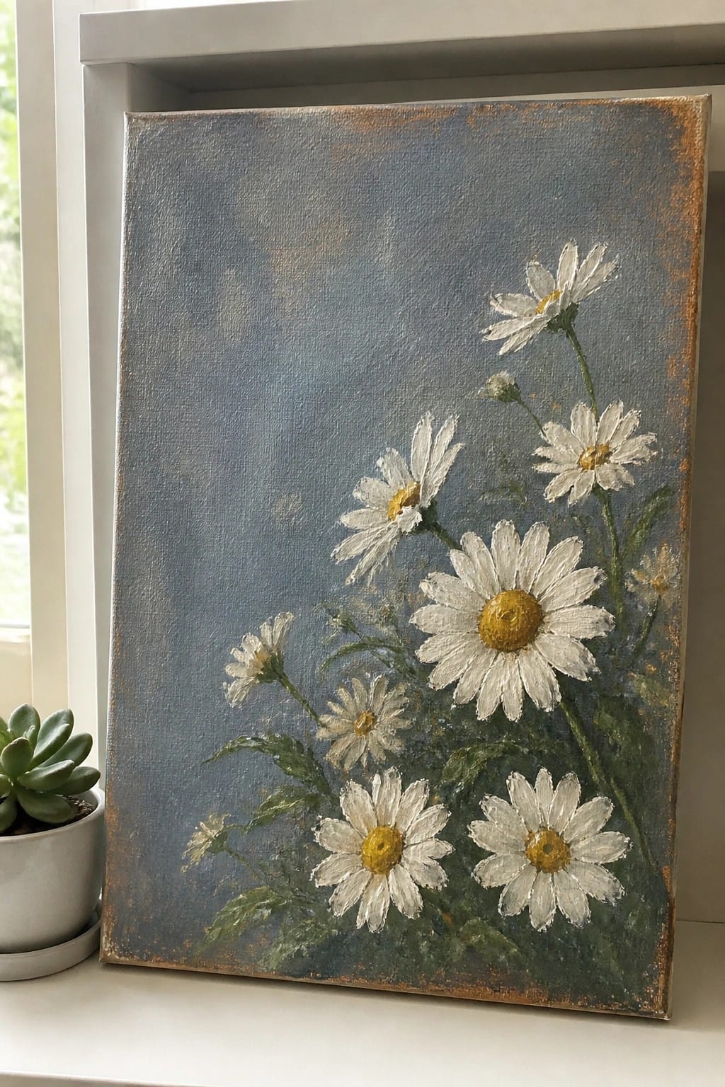 White daisies with yellow centers on blue-gray canvas beside potted succulent