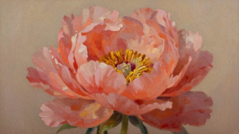 18 Simple Flower Oil Painting Ideas to Build Confidence Through Classic Floral Subjects Textured oil painting of a blooming pink peony with vibrant yellow-orange center