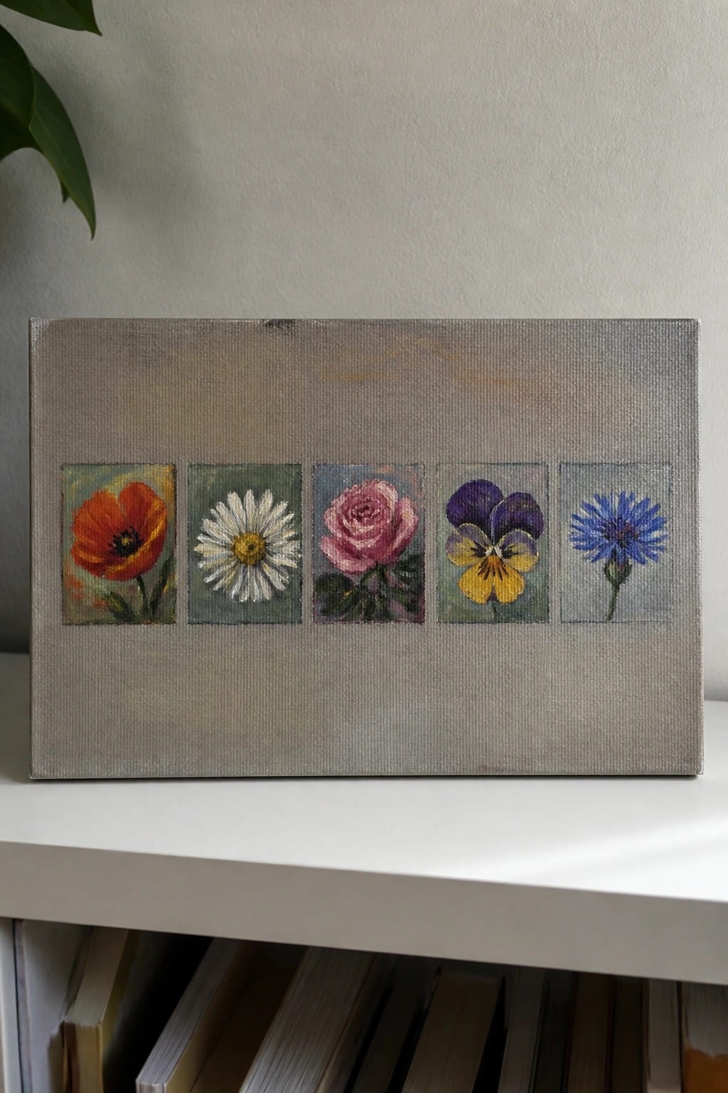 Five miniature flower paintings on textured gray canvas: poppy, daisy, rose, pansy, cornflower.