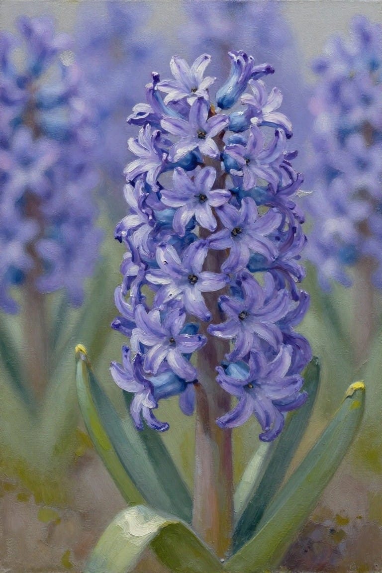 Vibrant purple hyacinth blossoms clustered on a stem with green leaves.
