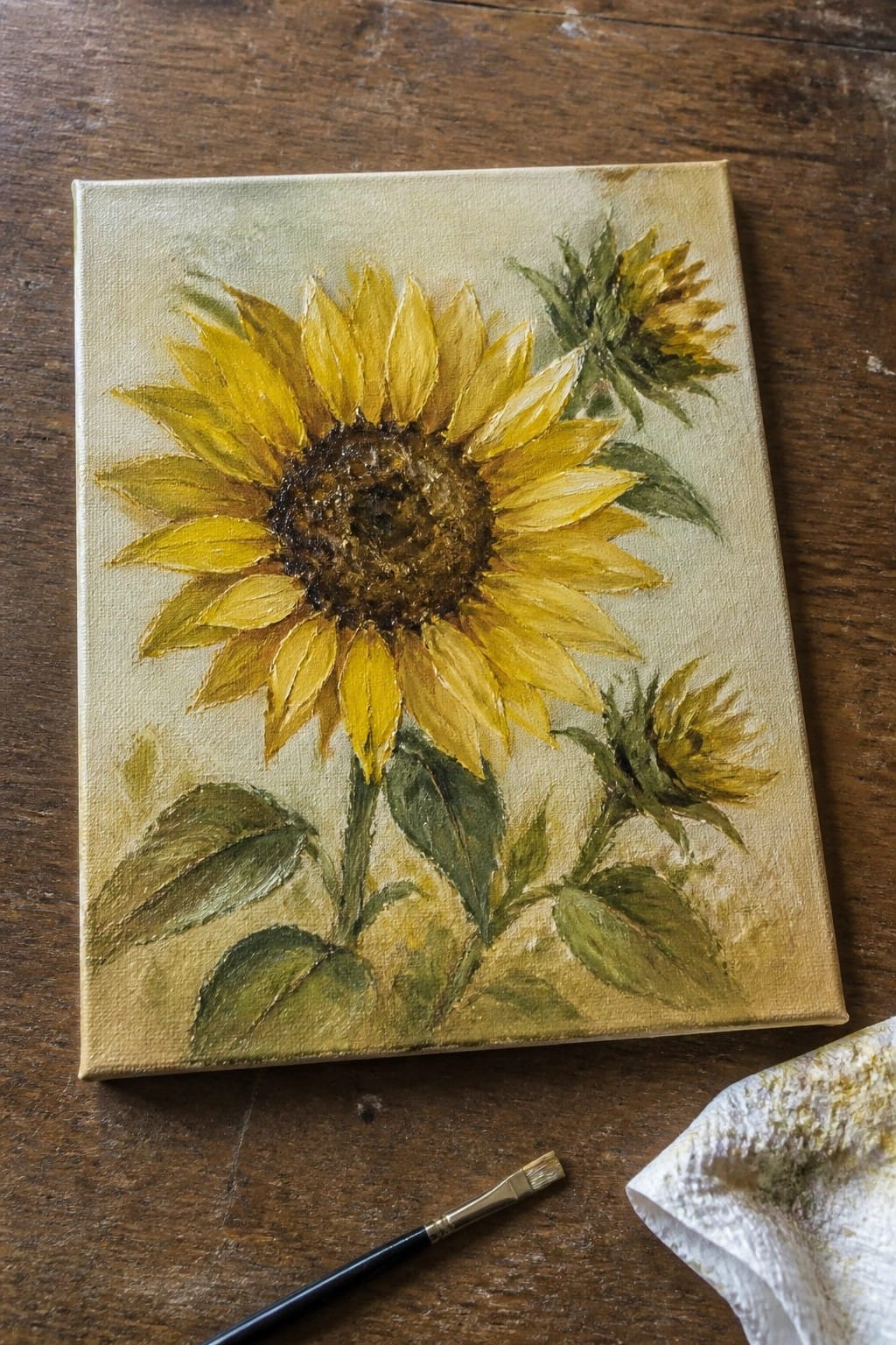Large yellow sunflower painting on canvas with brush and rag on wood table
