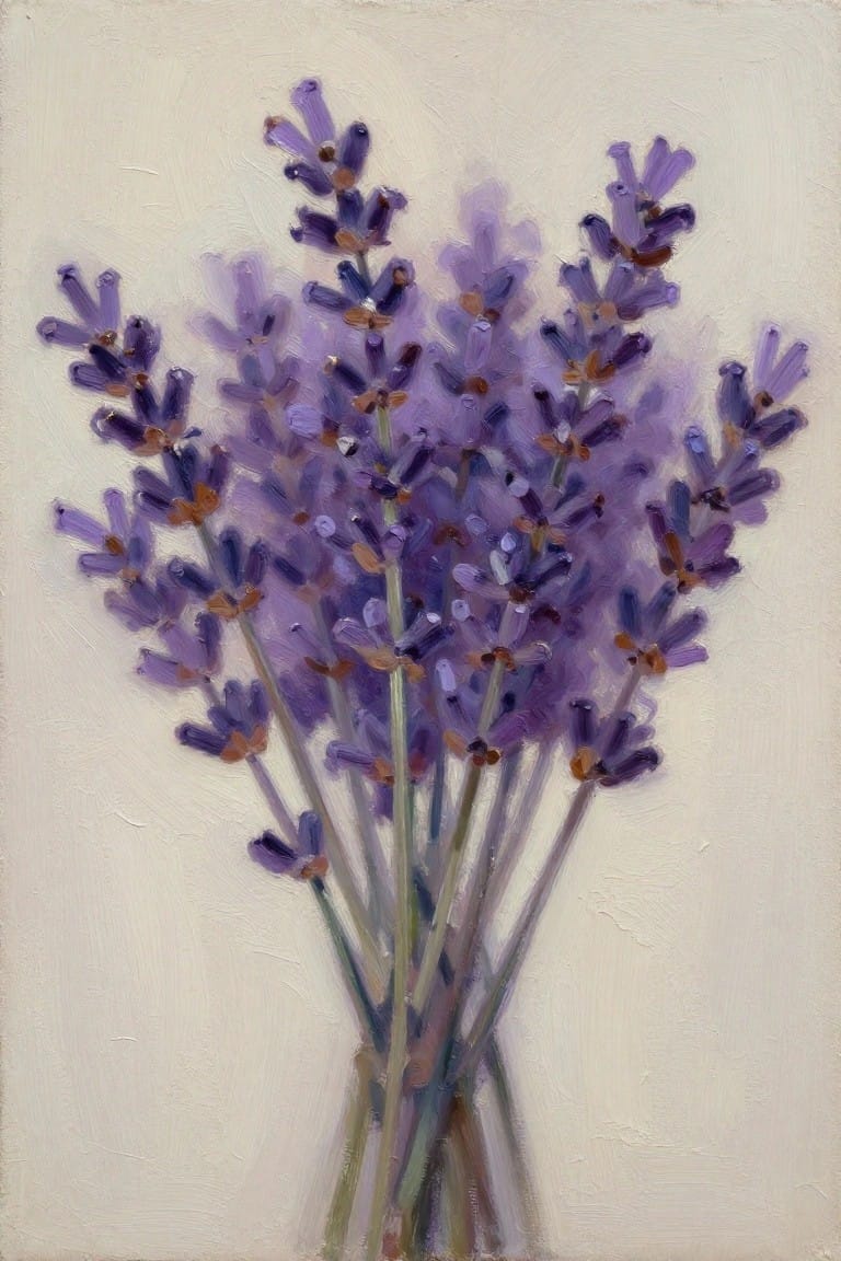 An oil painting of multiple lavender stems with purple blooms gathered together against a light background.