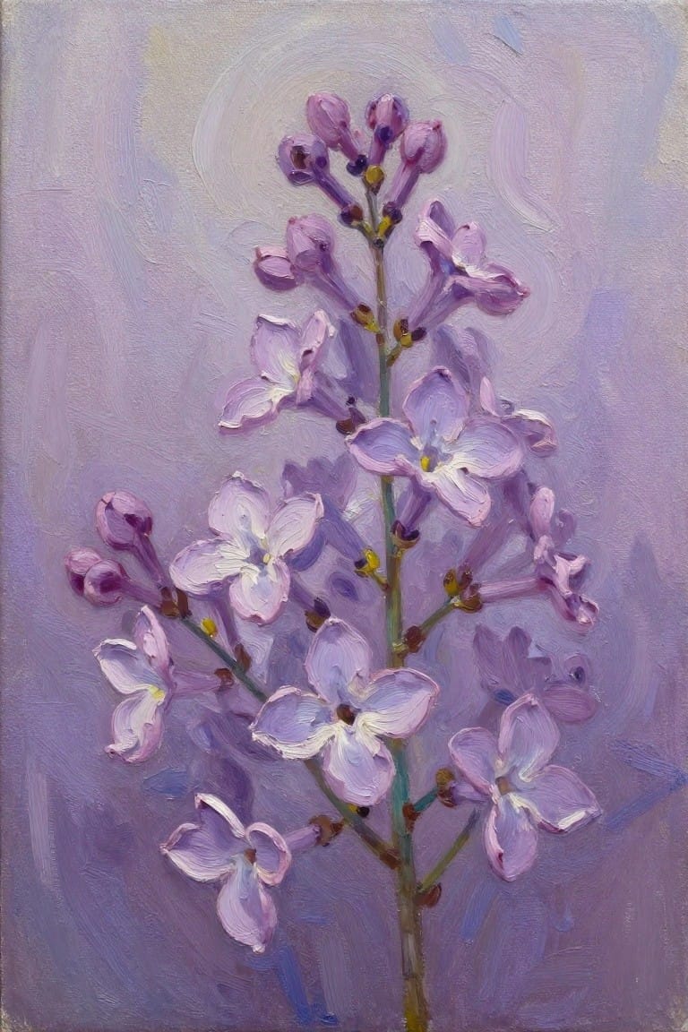 Purple lilac flowers and buds on a green stem against a soft background.
