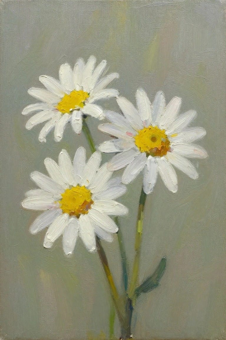 An oil painting of three white daisies with yellow centers on green stems against a gray-green background.