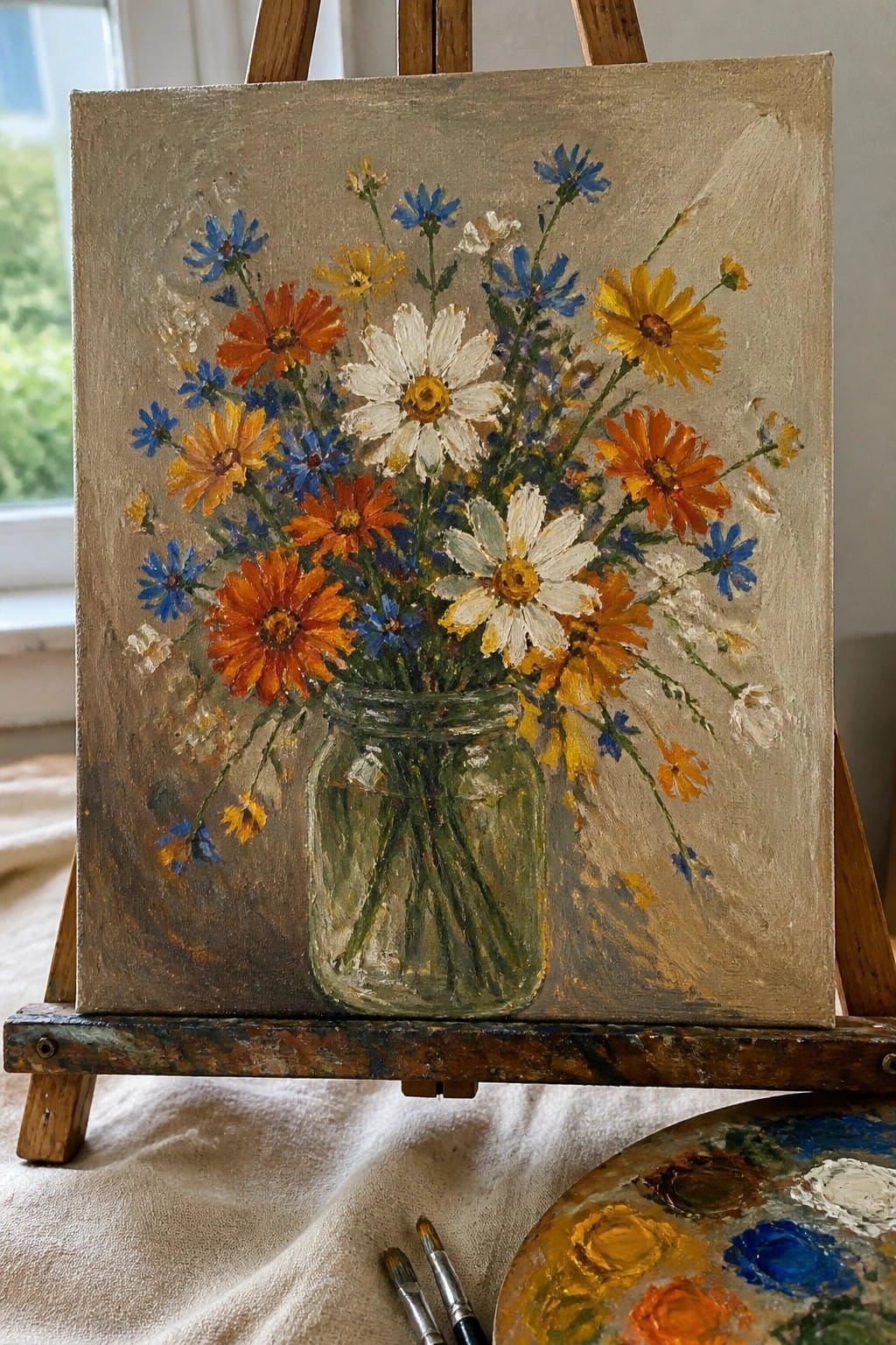 Vibrant oil painting of wildflowers in glass jar on wooden easel with palette