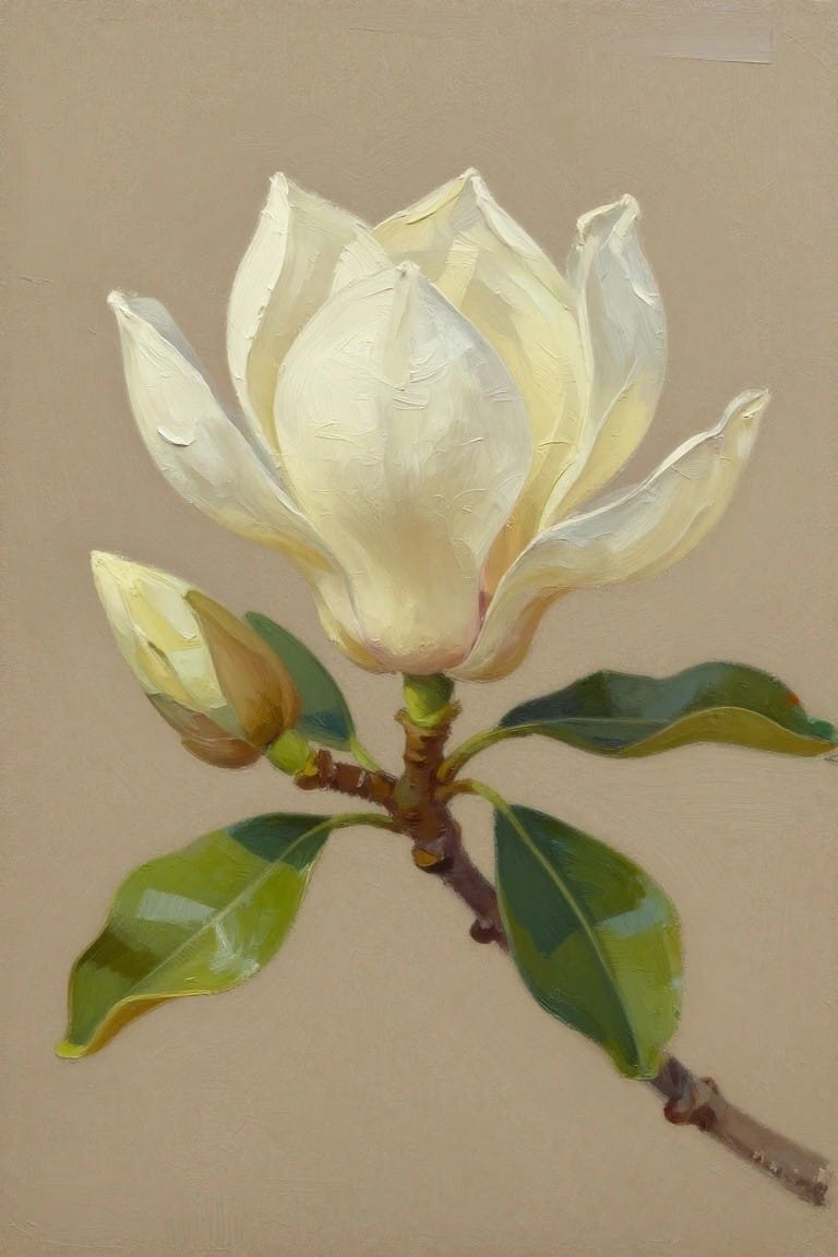 White magnolia bloom with green leaves, bud, and brown stem on beige background