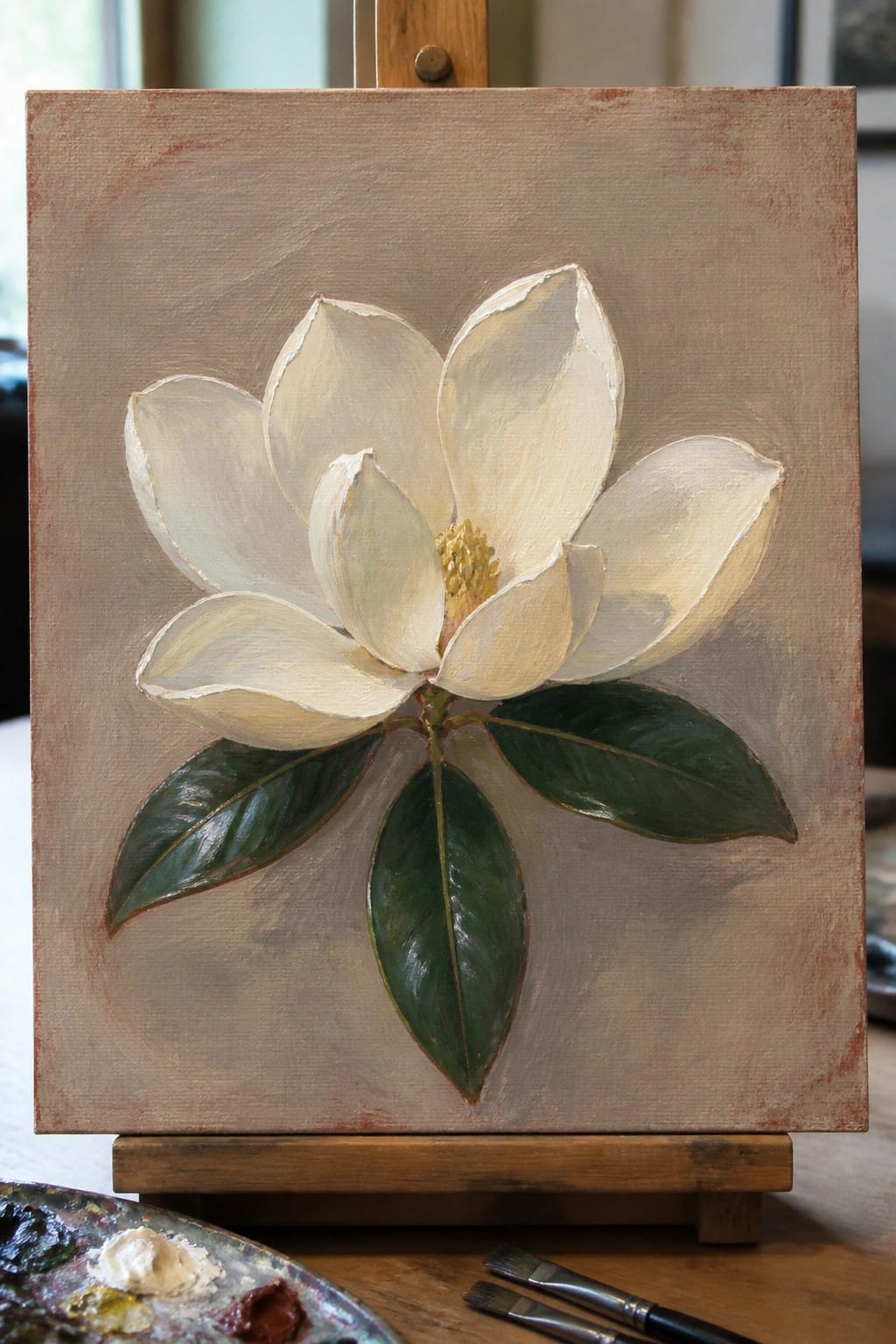 White magnolia flower painting with green leaves on wooden easel beside palette