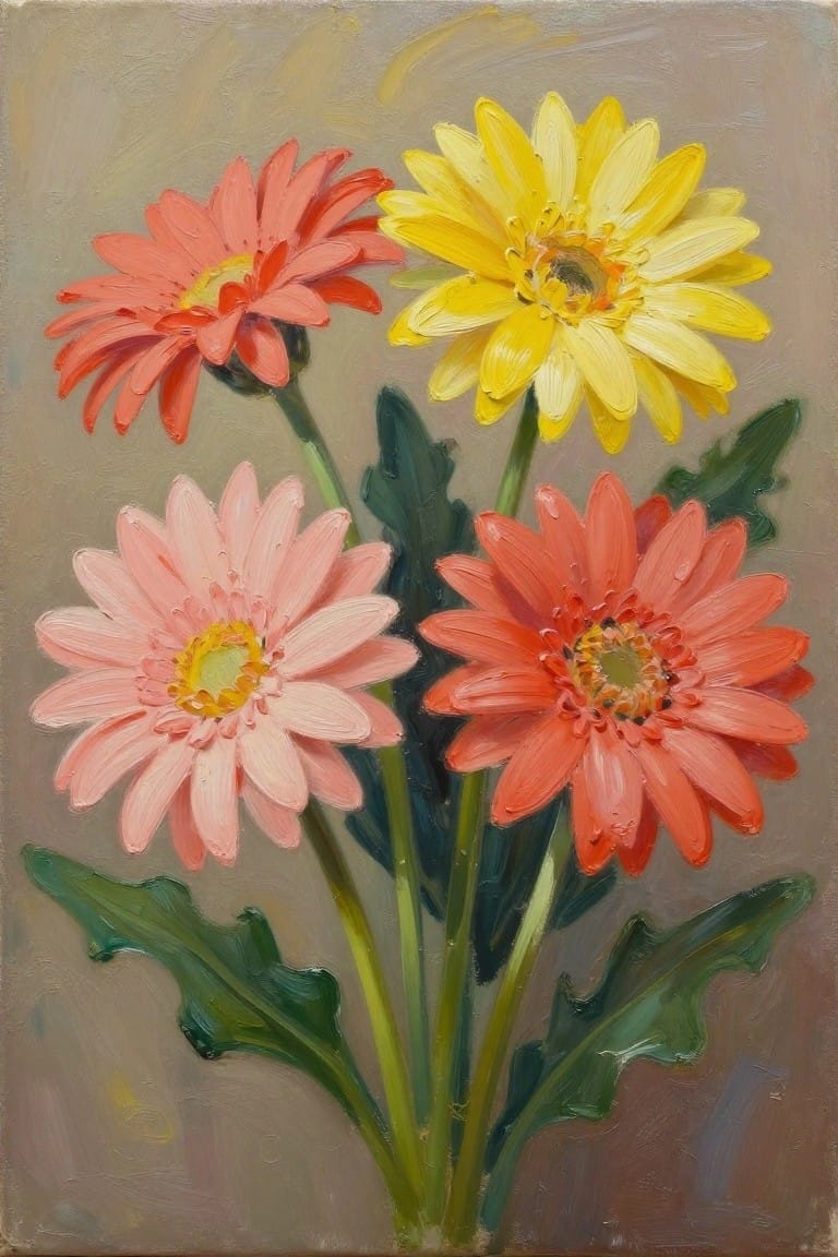 Vibrant painting of yellow, pink, and coral daisies with green leaves and stems.