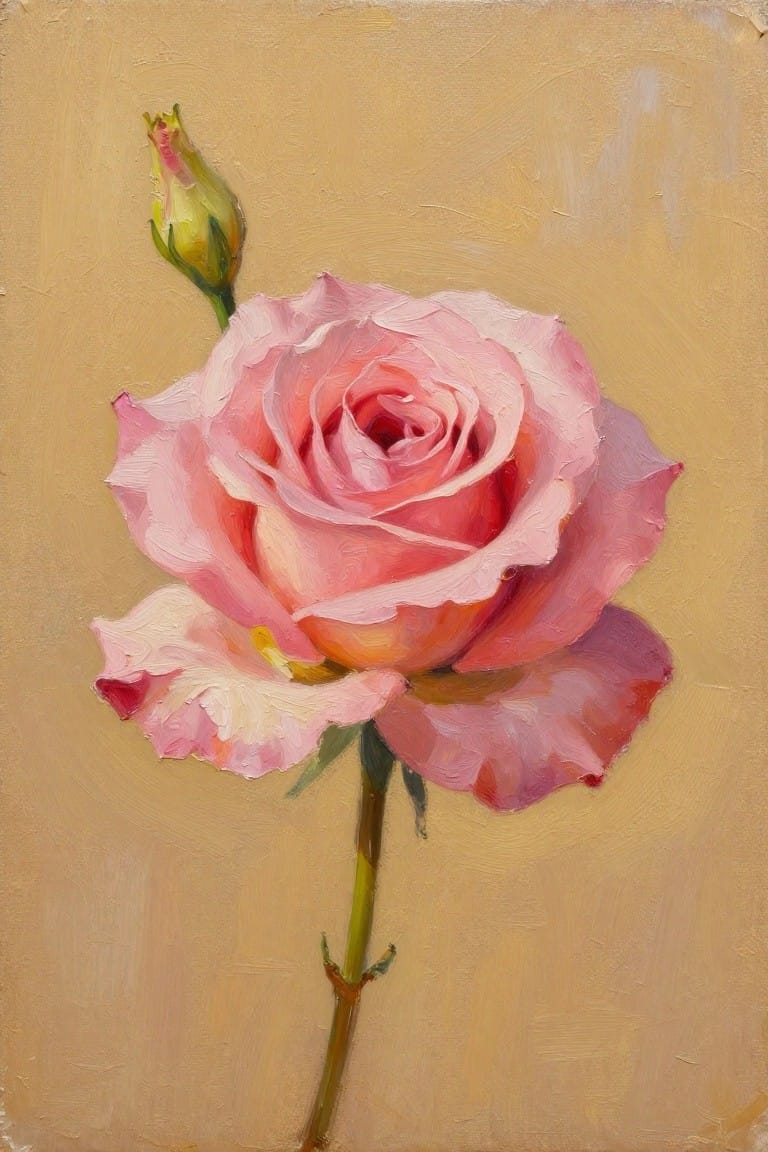 Pink rose in full bloom with bud on stem against beige background.
