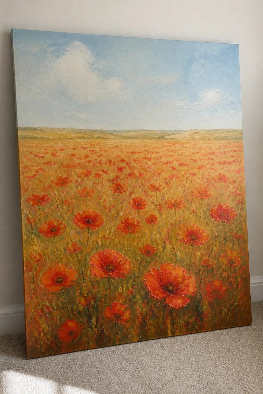 Large oil painting of red poppies in a golden field under blue sky