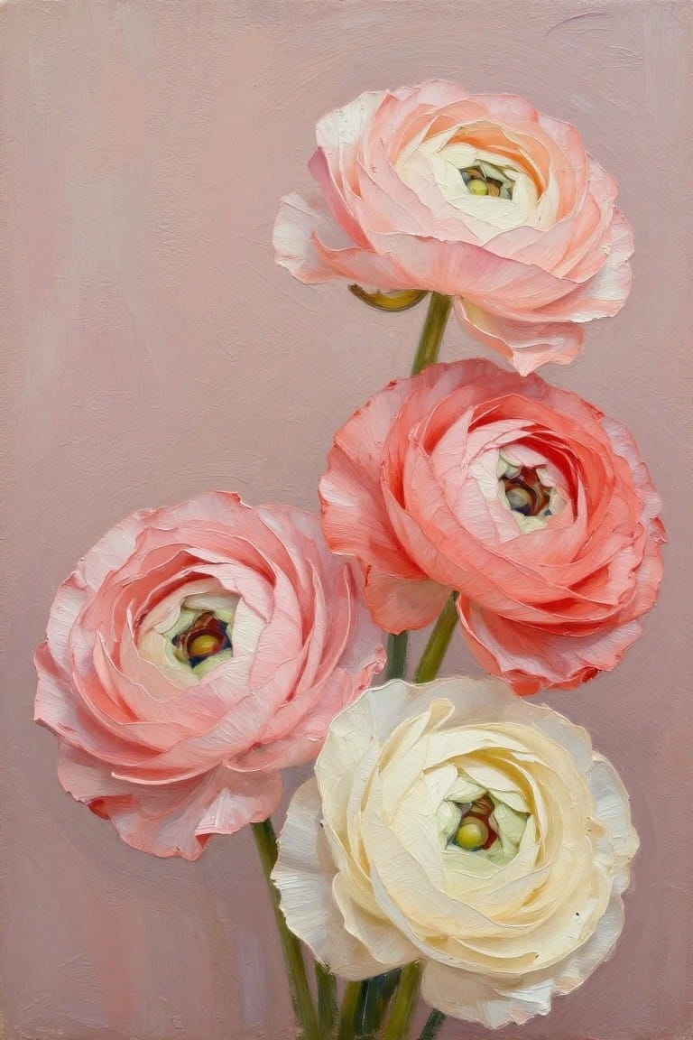 Four pink and white ranunculus flowers in soft oil painting style